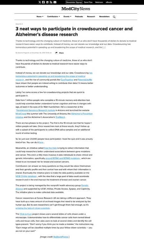 MedCityNews: 3 neat ways to participate in crowdsourced cancer and Alzheimer's disease research