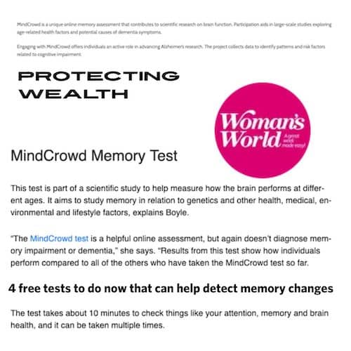 Woman’s World and Protecting Wealth recommend the MindCrowd memory test.